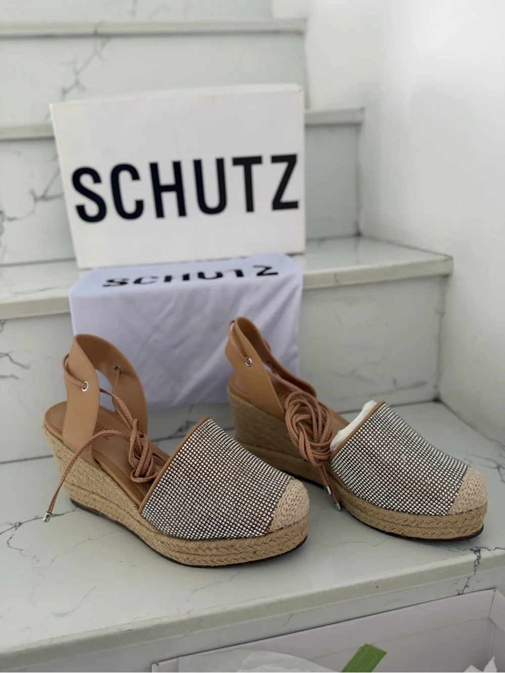 SCHUTZ Tan Espadrille Lace-Up Flats with Silver Rhinestone Toe